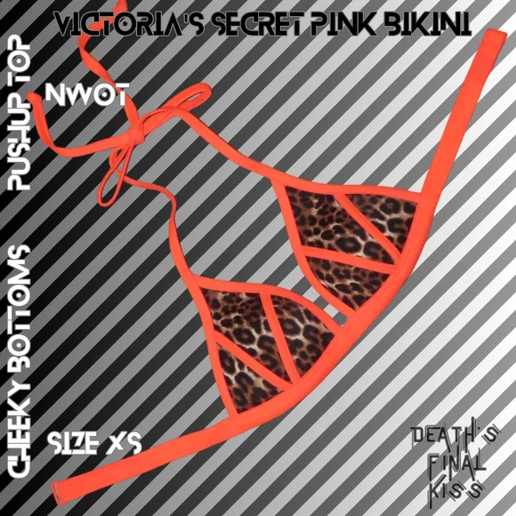 RARE Victoria's Secret PINK Hunter Orange Leopard Cheeky Tiny Pushup Bikini XS - Picture 4 of 15